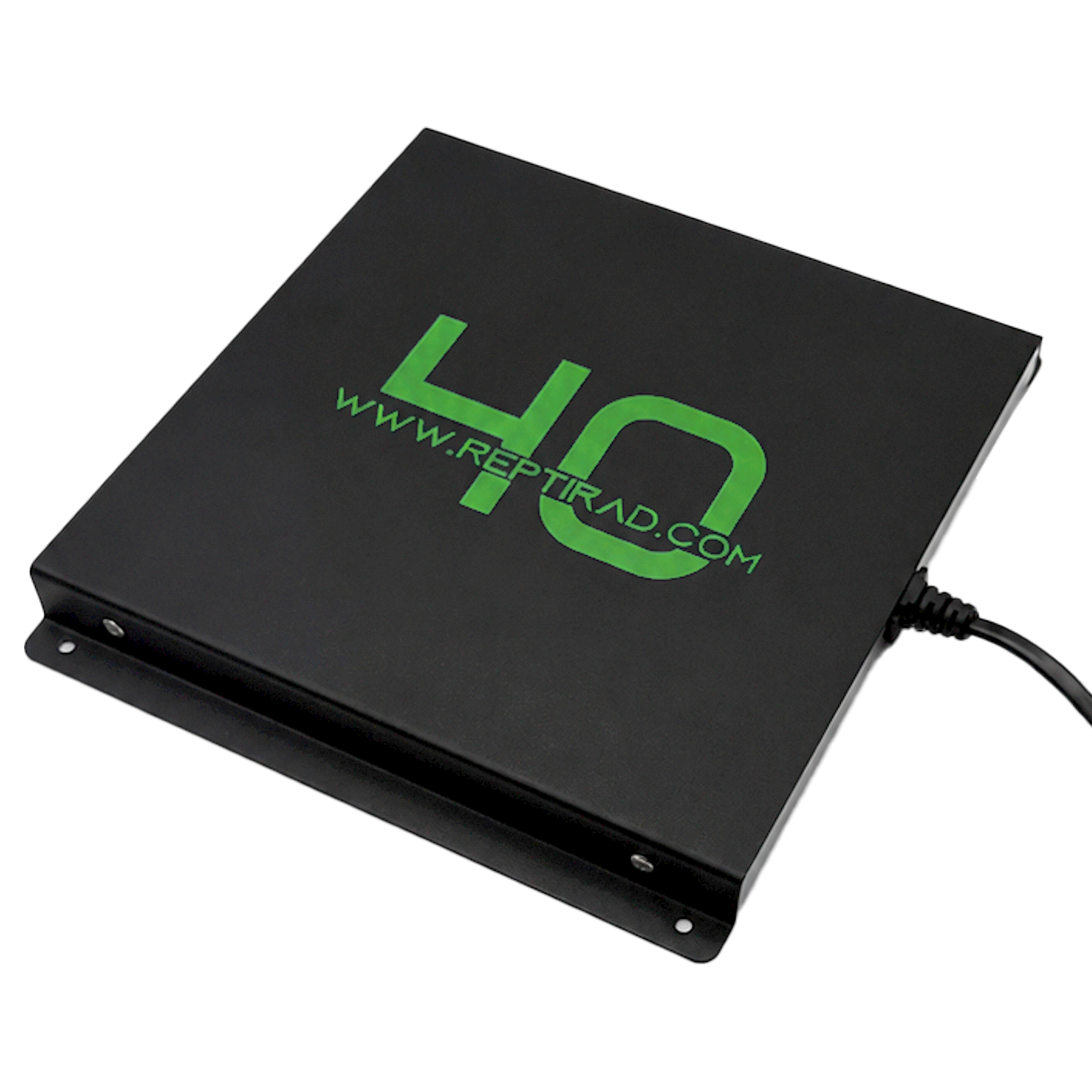 ReptiRad 40W heat panel at a three-quarter angle, showing its black casing, green branding, mounting flange and power cable.